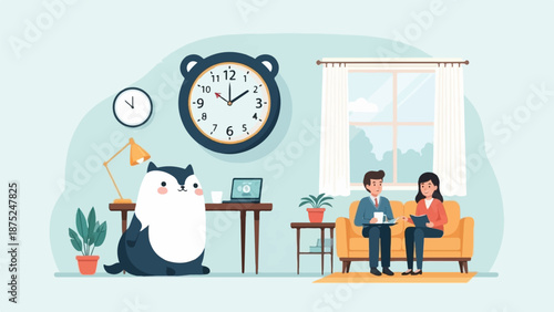 A cute cat and two people in a room with a clock and plants