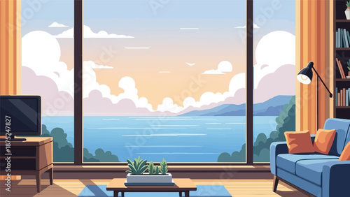 A pixel art living room overlooks a serene seascape at sunset with vibrant clouds and distant mountains