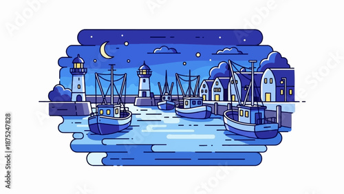 A pixel art scene of a tranquil harbor at night with fishing boats