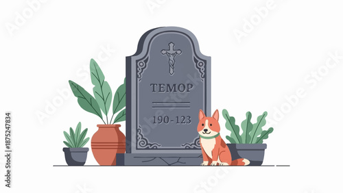 A loyal dog sits beside a grave marker adorned with a cross and name