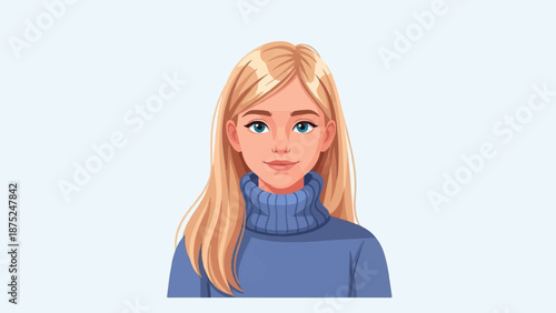 A pixelated, animated portrait of a young woman with blonde hair and blue eyes