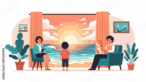 A family, including a child and dog, enjoys a sunset view by the ocean from their living room window