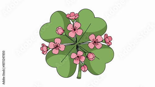 A green clover adorned with delicate pink blossoms and buds