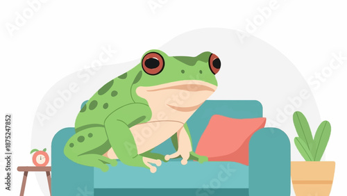 A green frog rests on a teal couch with a coral pillow, a potted plant, and an alarm clock