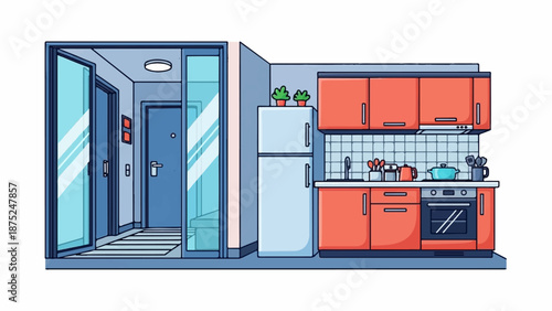 A pixel-art illustration of an apartment hallway leading into a kitchen with red cabinets and a refrigerator