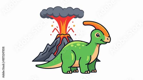 A green dinosaur stands in front of an erupting volcano