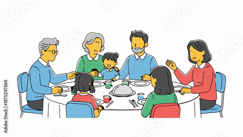 A family gathers around a dining table, sharing a meal together happily
