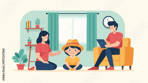 A family in a room with a woman kneeling, a child sitting, and a man on a couch