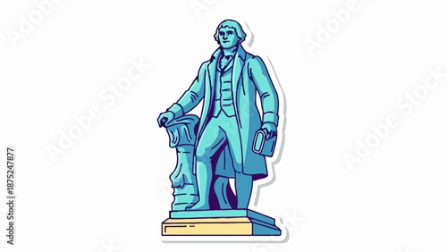 A pixelated blue statue of a man in historical attire, holding a book