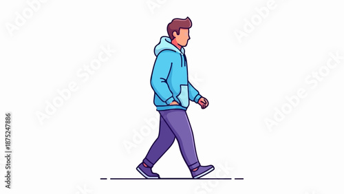 A pixelated character wearing a blue hoodie and purple pants walks across a white background