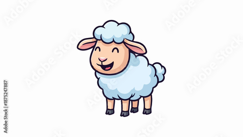 A cute, fluffy, smiling cartoon sheep with light blue wool and pink accents