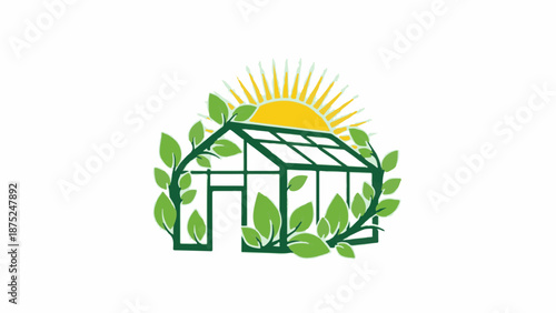 A green greenhouse with leafy vines and a bright sun peaking behind