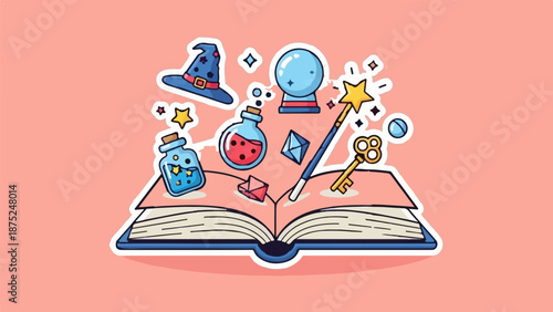 A magical open book erupts with enchanted objects like potions, a wand, and a crystal ball