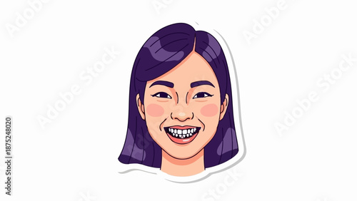 A pixelated illustration of a young Asian woman with dark purple hair and a wide, toothy smile
