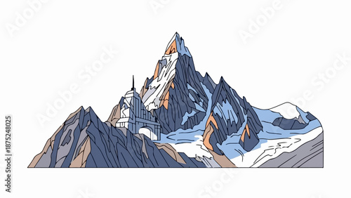 A majestic, snow-capped mountain range with a unique, fortress-like structure integrated into its rocky face