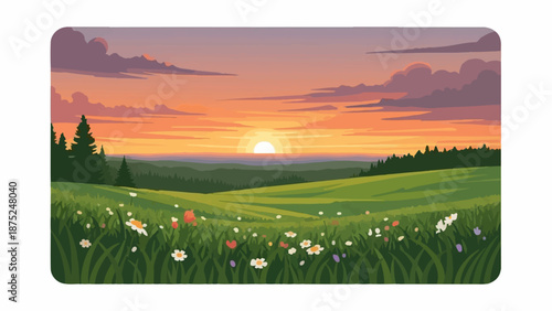 A pixelated landscape depicts a vibrant sunset over rolling green hills dotted with wildflowers