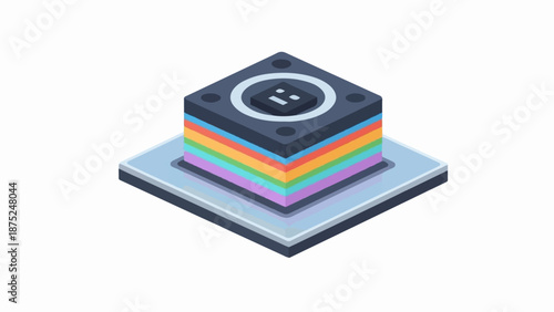 A pixelated, isometric cube with rainbow layers, atop a platform