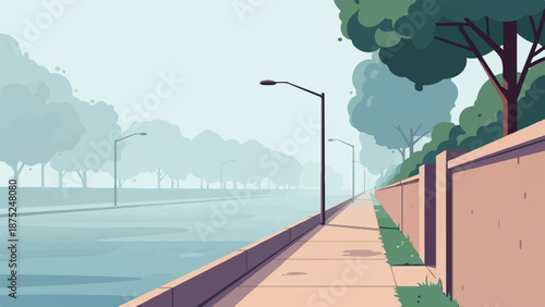 A pixelated pathway lined with trees and a wall under a hazy sky