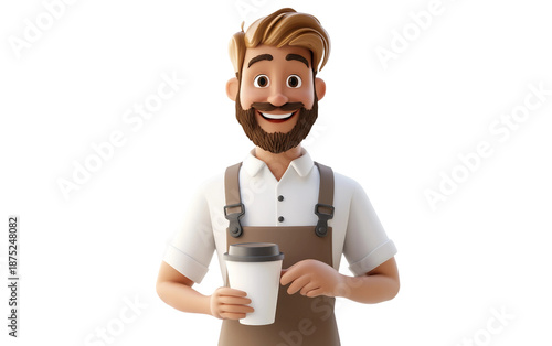 Artistic illustration of a happy coffee server offering a steaming cup in vibrant cafe environment isolated on transparent background PNG