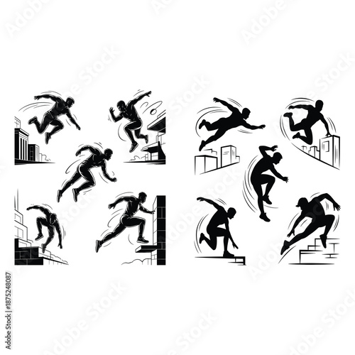 Silhouettes of depict parkour athletes engaged in dynamic movements.