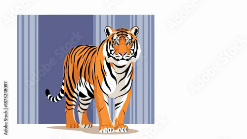 A majestic tiger stands in front of a blue striped background