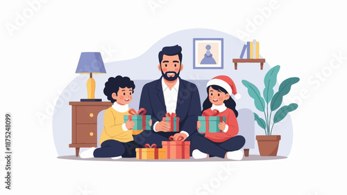 A man and two children sit on the floor surrounded by gifts, celebrating