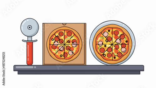 A pizza cutter stands beside a boxed and a plated pizza on a shelf