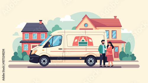 A man and woman stand near a delivery van parked in front of houses
