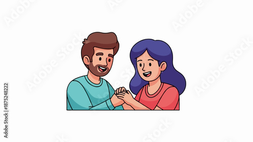A man and woman with cheerful expressions are holding hands
