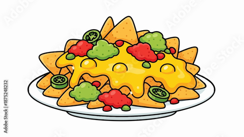 A plate of appetizing nachos covered in melted cheese, salsa, and guacamole