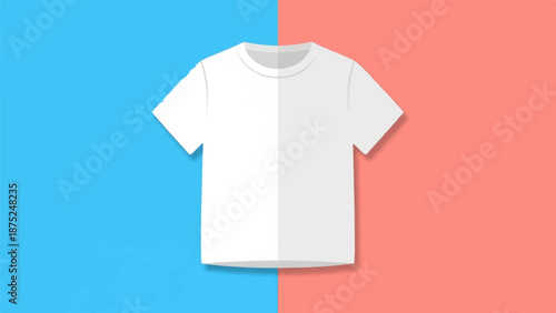 A plain white t-shirt rests against a split background of bright blue and coral