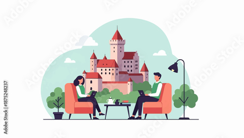 A man and woman work on laptops on orange chairs before a castle