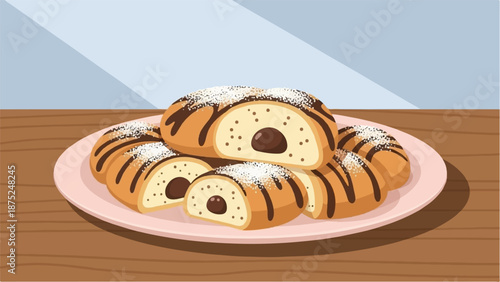 A plate of chocolate-filled, powdered pastries rests on a wooden surface