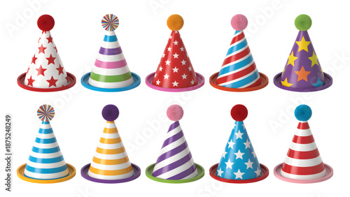 Colorful Party Hats with Stars and Stripes on White Background