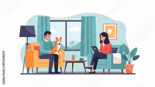 A man, dog, and woman relax in a living room with a laptop