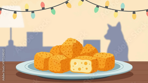 A plate of golden fried cheese cubes sits under festive lights, with a cat's shadow in the background