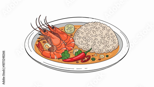 A plate of seafood curry with rice, garnished with chili and lime