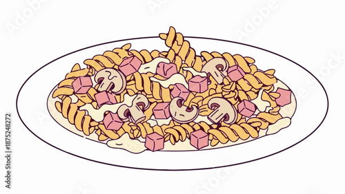 A plate of rotini pasta with cubes of ham and mushroom slices in a creamy sauce
