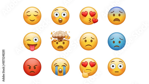Emojis Faces Expressing Various Emotions on White Background
