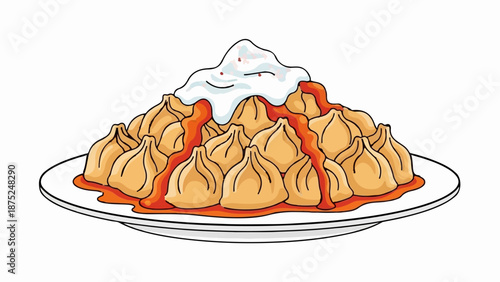 A plate piled high with dumplings, drizzled in sauce and topped with cream