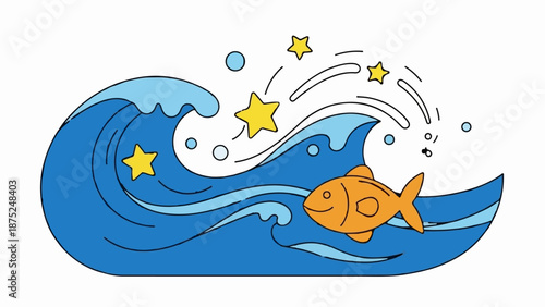 A playful orange fish swims through stylized blue ocean waves with yellow stars