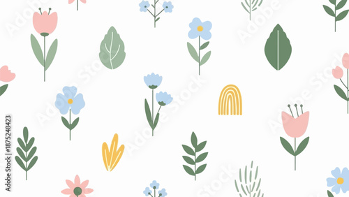 A playful pattern of pastel flowers and abstract shapes on a white background
