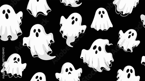 A playful pattern of white, cartoon-like ghosts against a solid black background