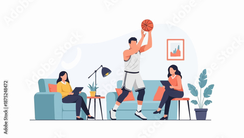 A man plays basketball while two women sit and watch, with plants and art in a room