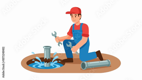 A plumber kneels by a leaking pipe, holding wrenches to fix it