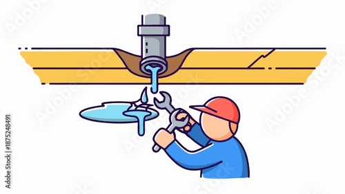 A plumber repairs a leaking pipe from an overhead conduit