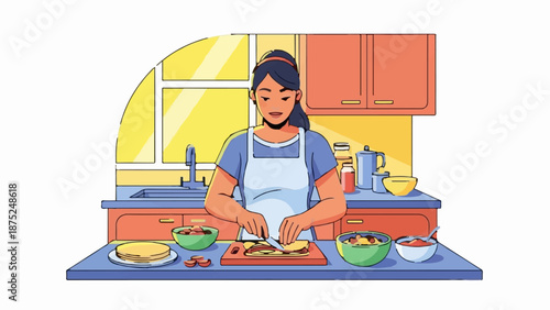 A person in an apron prepares food in a colorful kitchen with natural light