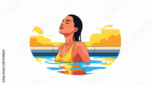 A person in a yellow swimsuit enjoys a refreshing swim in a pool at sunset
