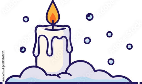 A melting candle with a bright flame, surrounded by floating circles against a white background