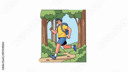A man with a backpack runs on a forest path amidst trees and greenery